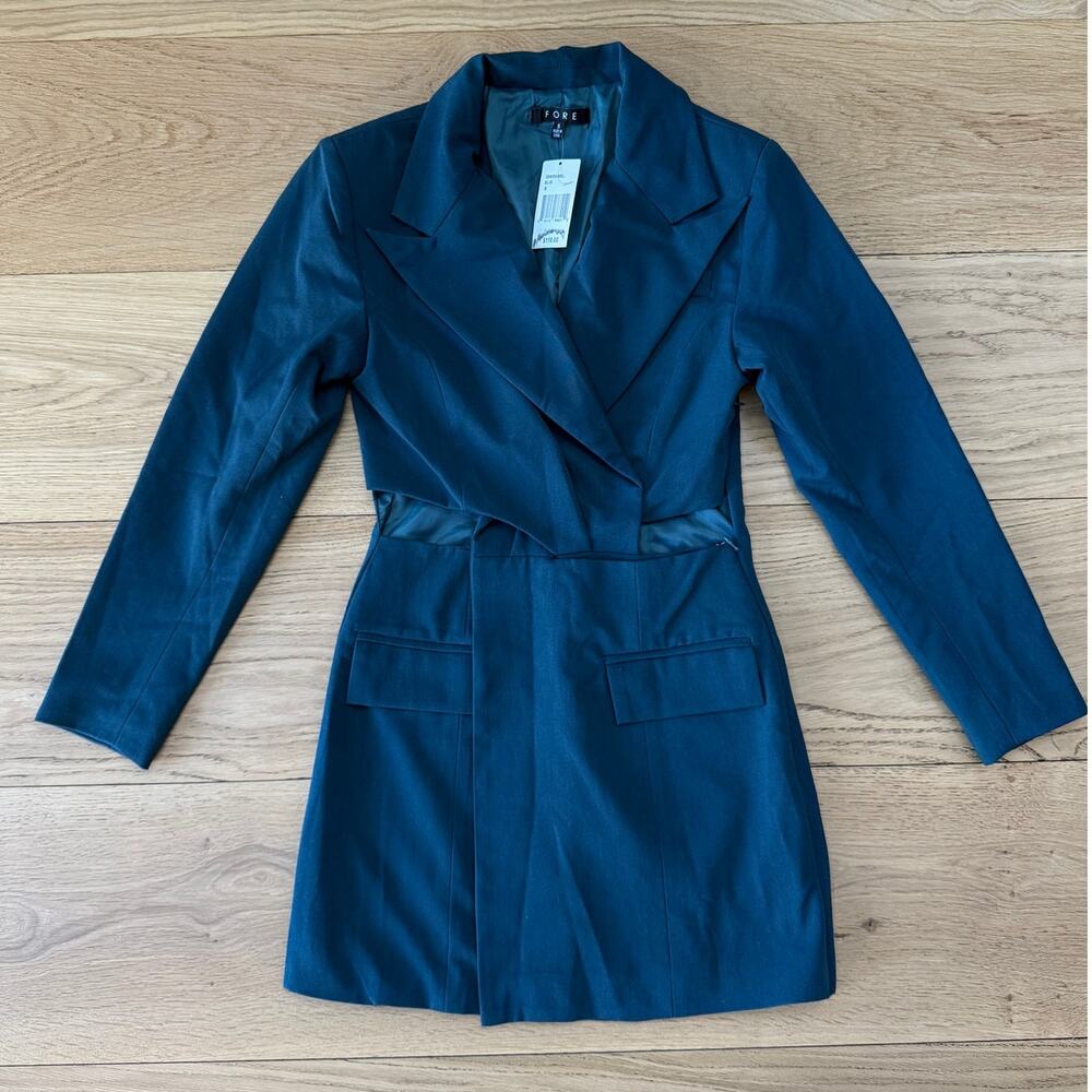 NWT FORE Teal Blue Notch Lapels Blazer Long Sleeve Mini Cocktail Sheath Dress